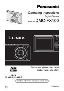 Panasonic Lumix FX100 manual. Camera Instructions.