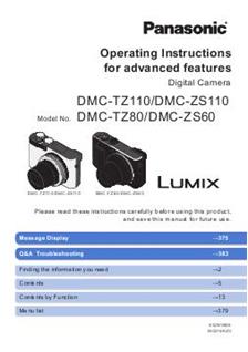 Panasonic Lumix TZ110 manual. Camera Instructions.
