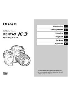 Pentax K 3 manual. Camera Instructions.